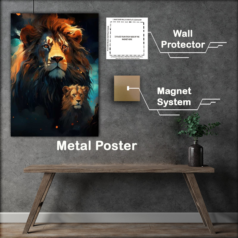 Buy Metal Poster : (Lion and baby lion cubo a black lion with baby)
