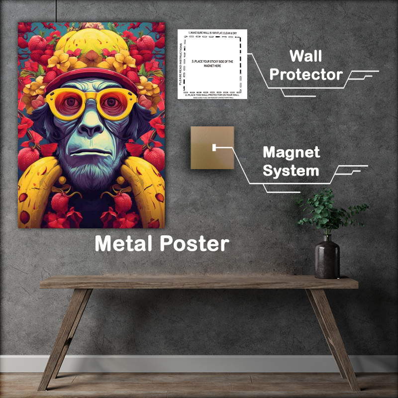 Buy Metal Poster : (Monkey Mischief Cap Wearing Primates Among Bananas)