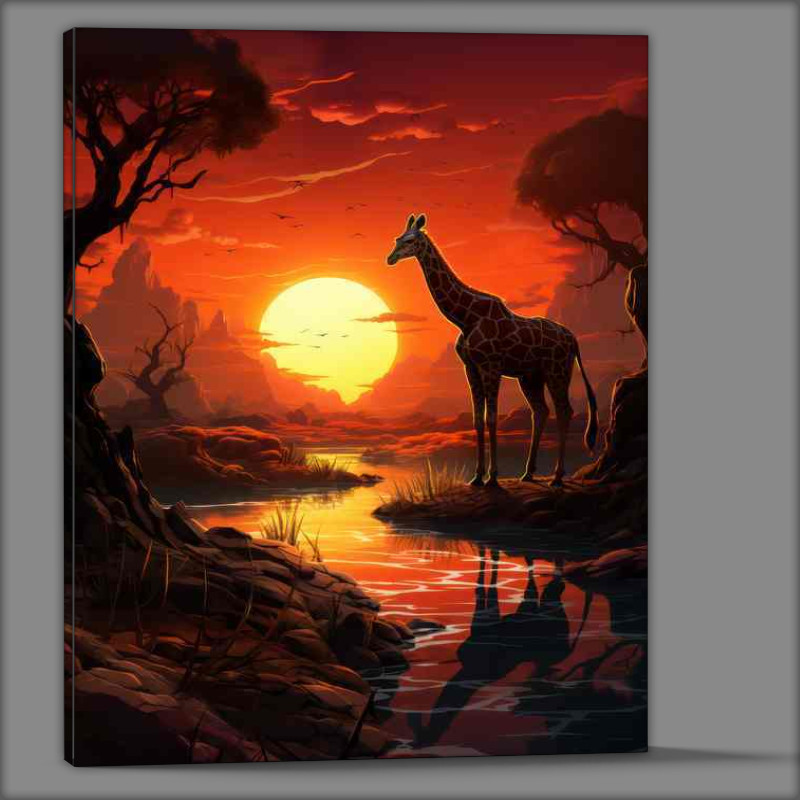 Buy Canvas : (Single giraffe in silhouette against an orange sun)