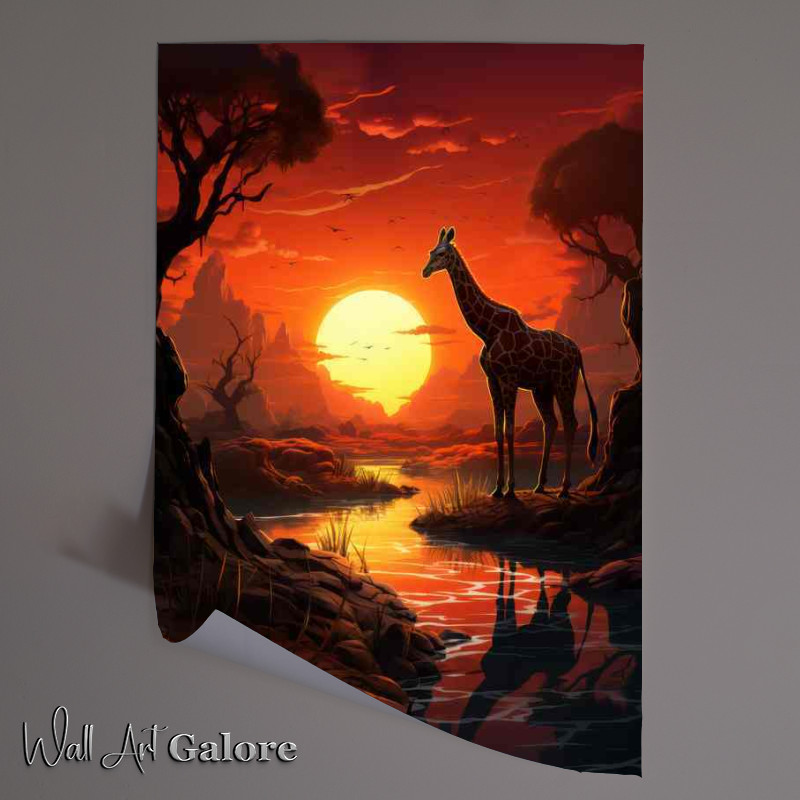 Buy Unframed Poster : (Single giraffe in silhouette against an orange sun)