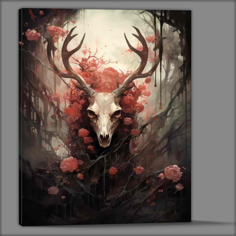 Buy Canvas : (Skull of a Deer surrounded by woodlands and red flowers)