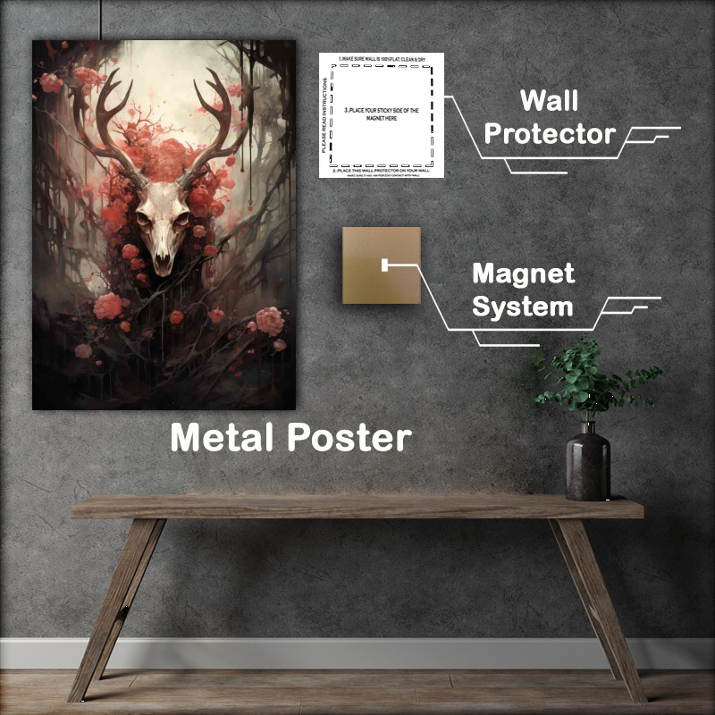 Buy Metal Poster : (Skull of a Deer surrounded by woodlands and red flowers)