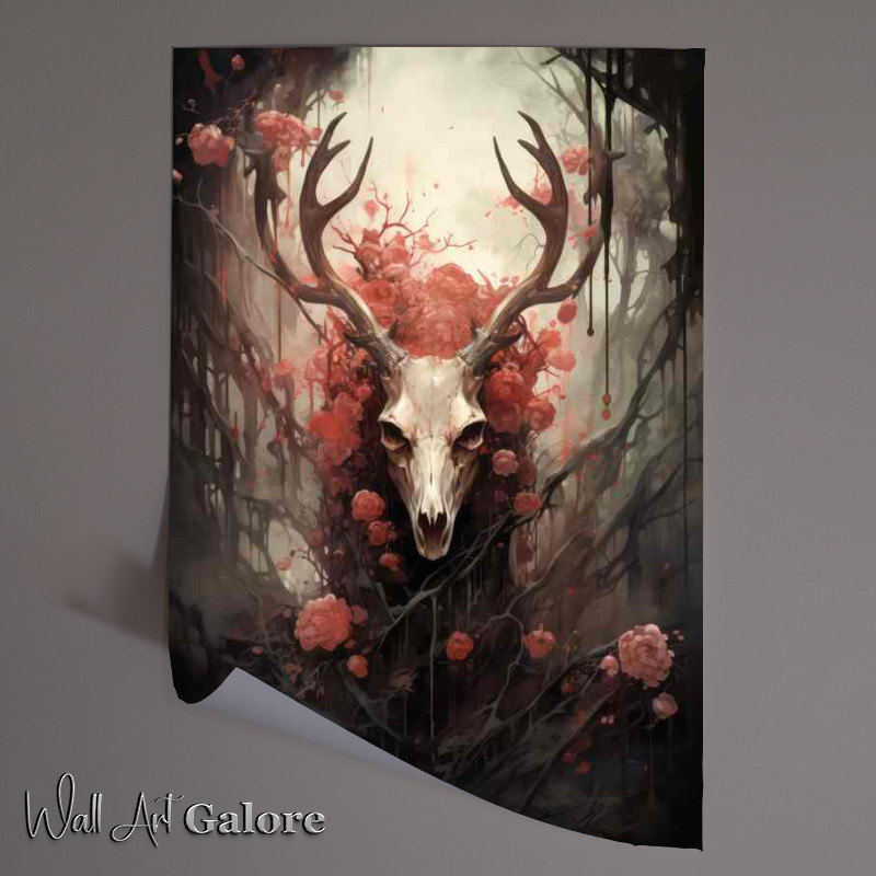Buy Unframed Poster : (Skull of a Deer surrounded by woodlands and red flowers)