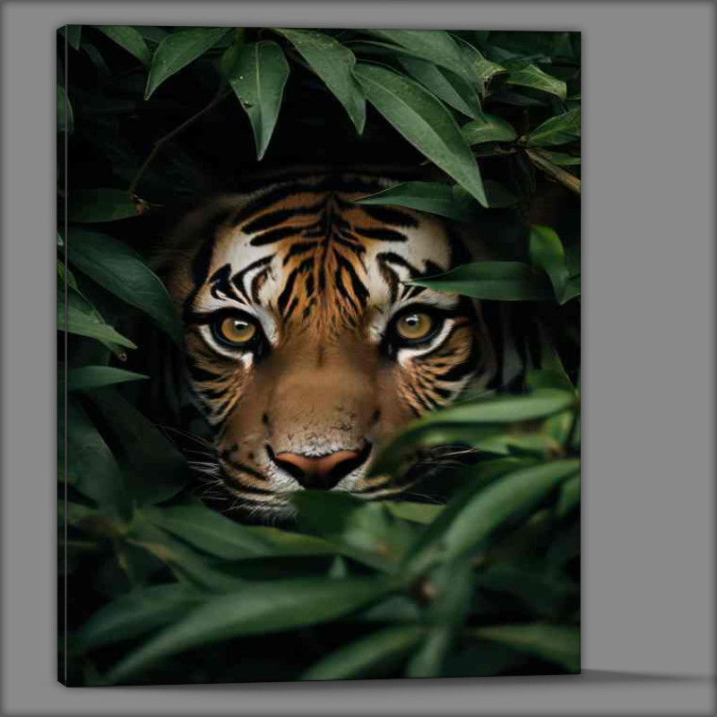 Buy Canvas : (Tigers face peeking out form the bushes)