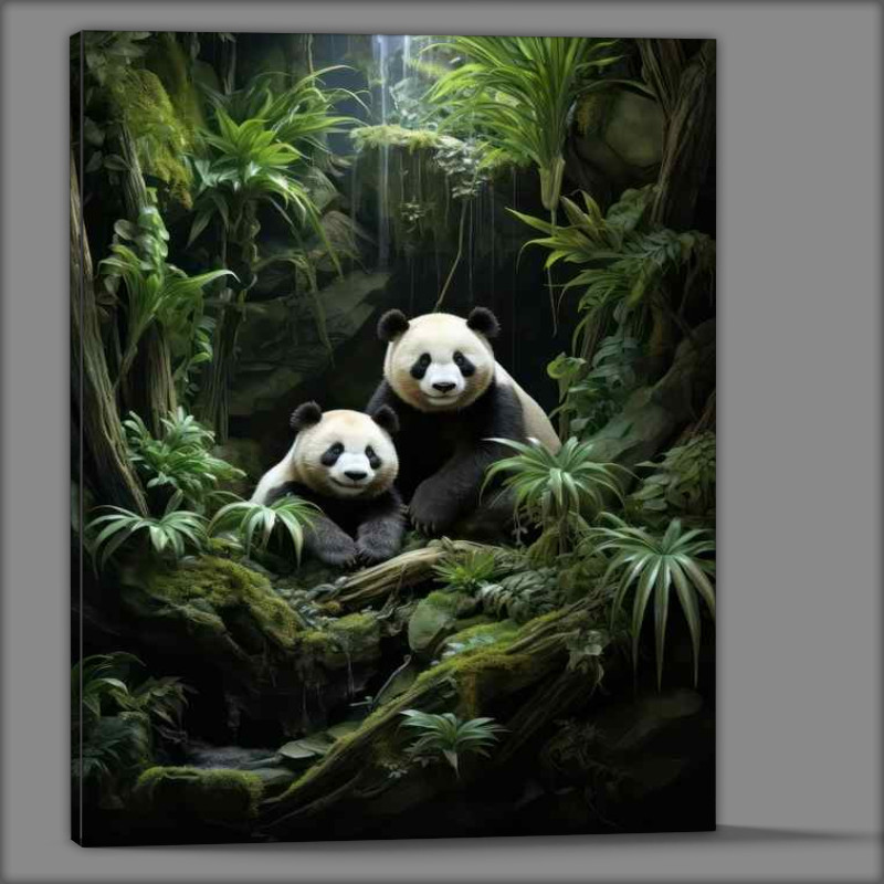 Buy Canvas : (Two pandas in the bamboo near a waterfall)