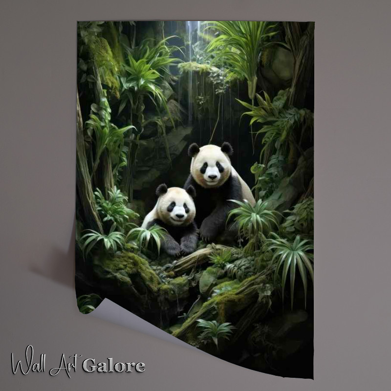 Buy Unframed Poster : (Two pandas in the bamboo near a waterfall)