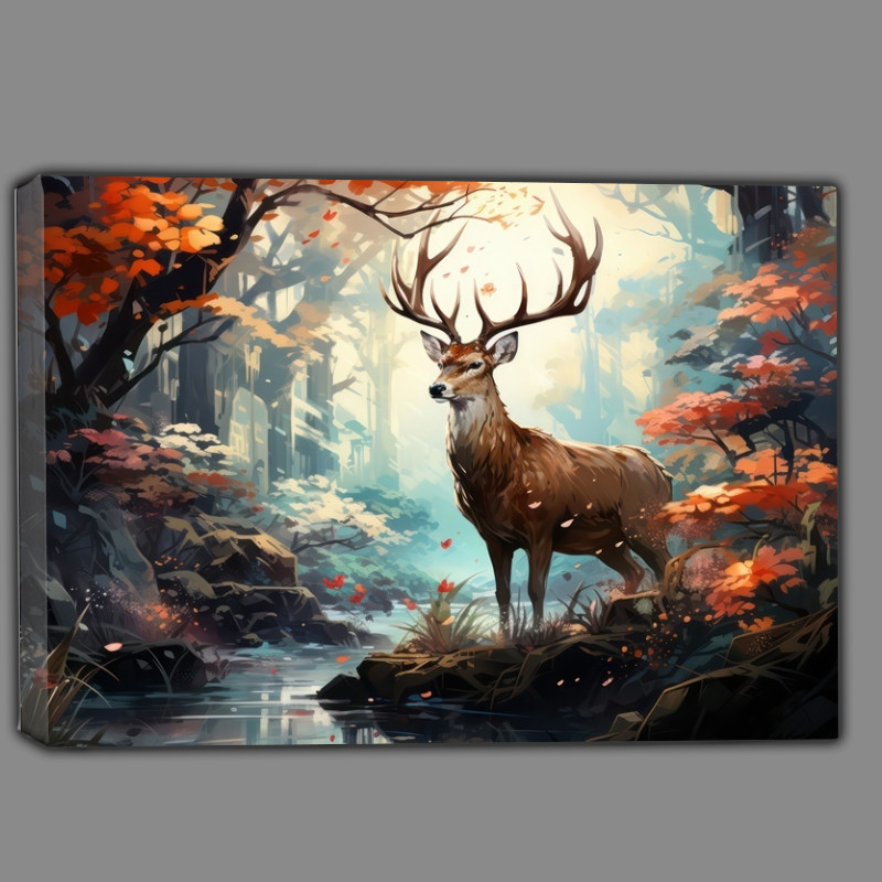 Buy Canvas : (A Deer in the forest with lots of trees and a stream)
