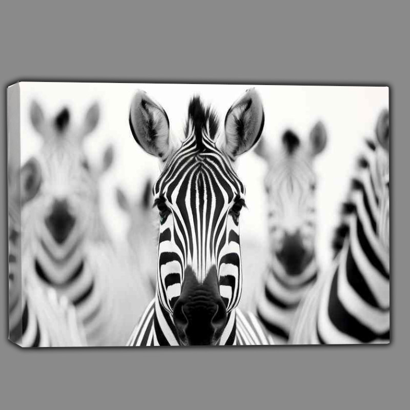 Buy Canvas : (A Hurd Of Zebras one looking down the lenz of a camerfa)