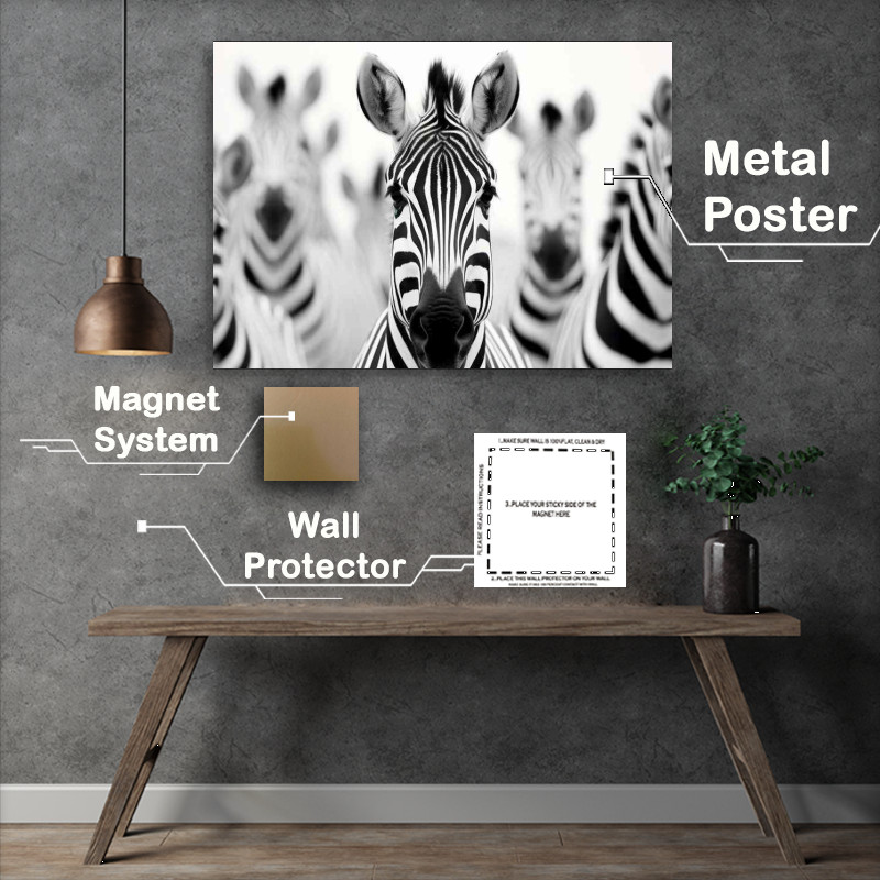 Buy Metal Poster : (A Hurd Of Zebras one looking down the lenz of a camerfa)