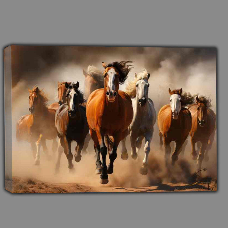 Buy Canvas : (A Large group of horses running on a dirt road)