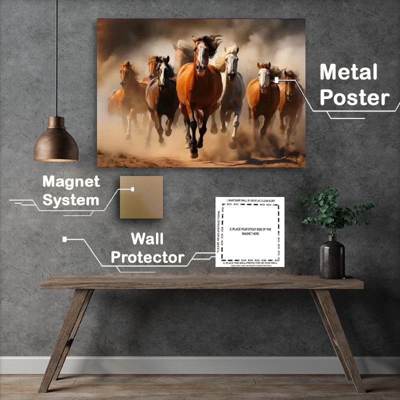 Buy Metal Poster : (A Large group of horses running on a dirt road)