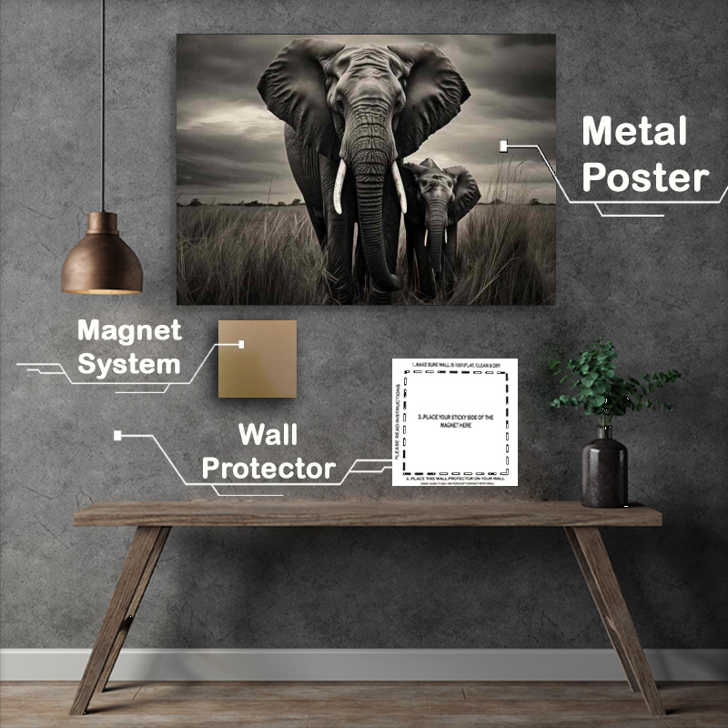 Buy Metal Poster : (A Pair Of elephants in the grassy plainlands)