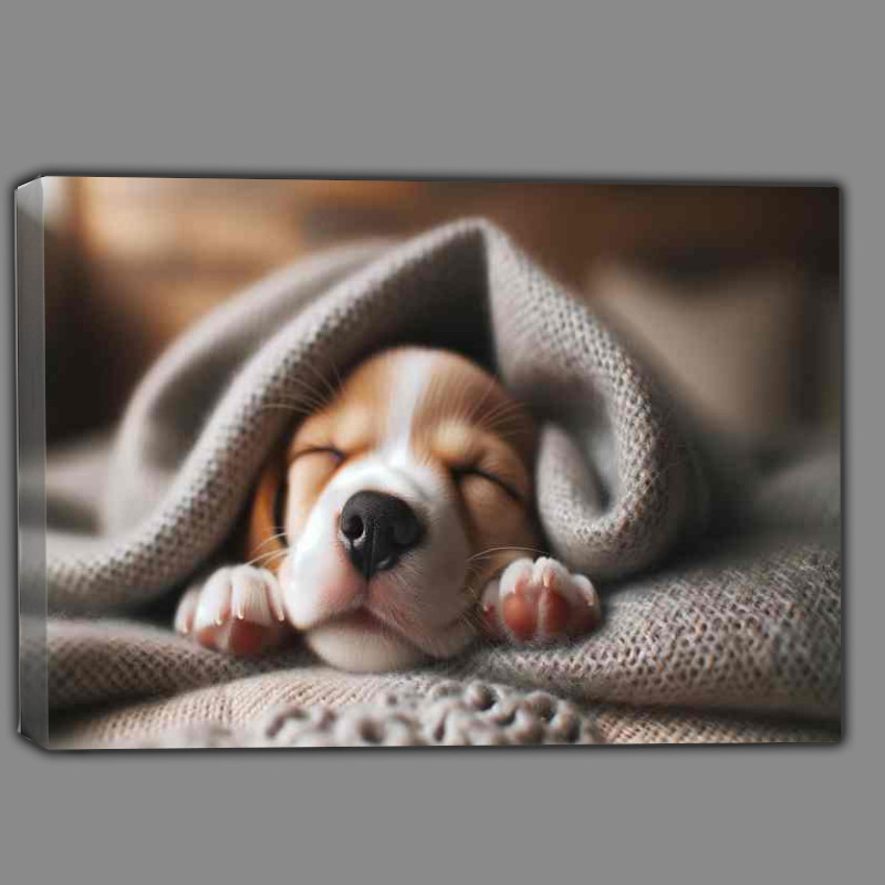 Buy Canvas : (Little Lovebug a sleepy puppy nestled in a blanket)