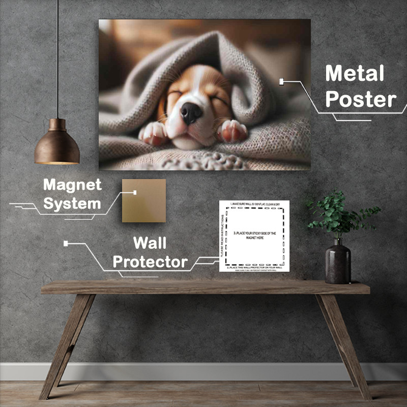 Buy Metal Poster : (Little Lovebug a sleepy puppy nestled in a blanket)