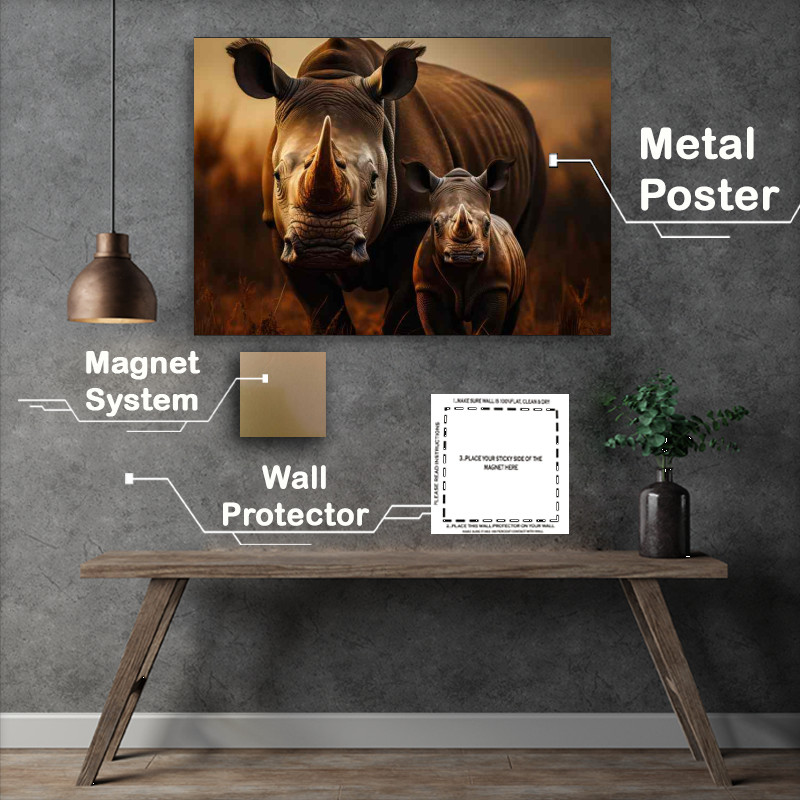 Buy Metal Poster : (Mama and child Rhino In the savannah malawi)
