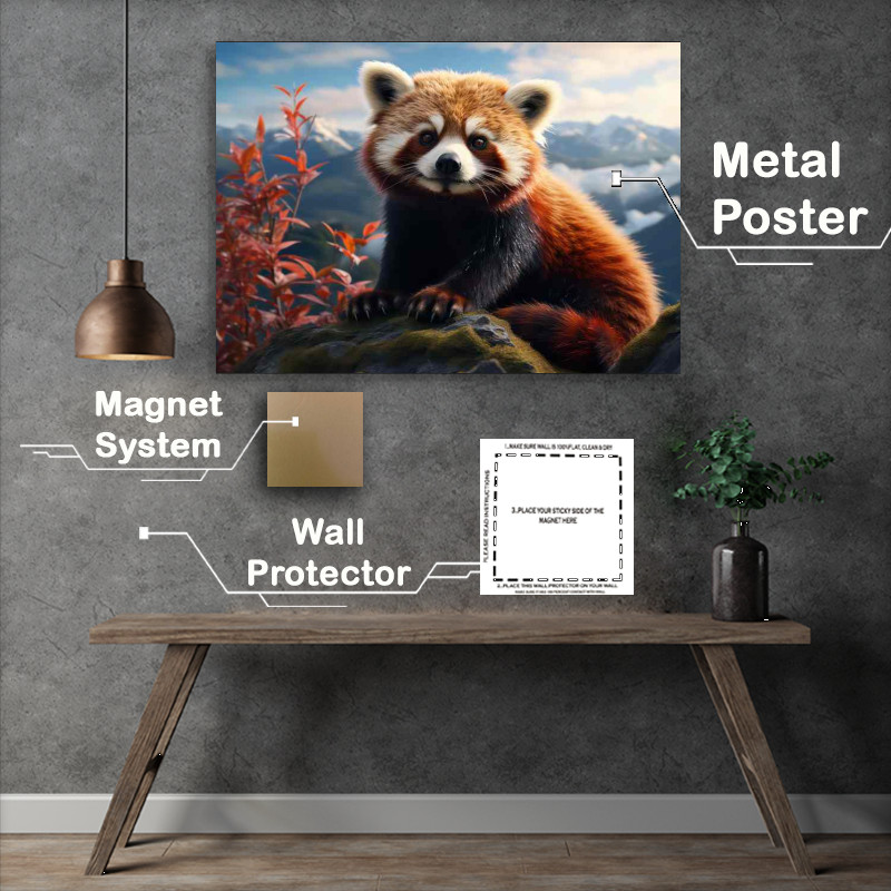 Buy Metal Poster : (Red Panda Art style in the mountains)