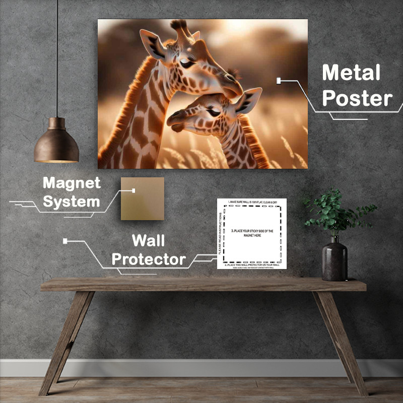 Buy Metal Poster : (Savanna Sweetheart a baby giraffe nuzzling its mother)