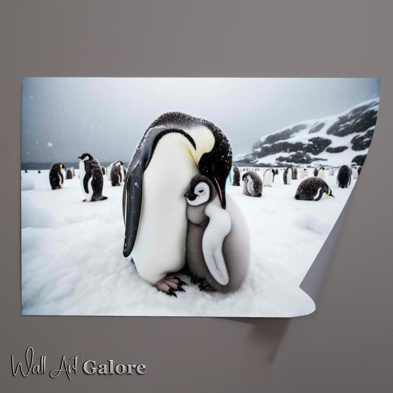 Buy Unframed Poster : (Snowy Snuggles a penguin chick nestled against its parent)