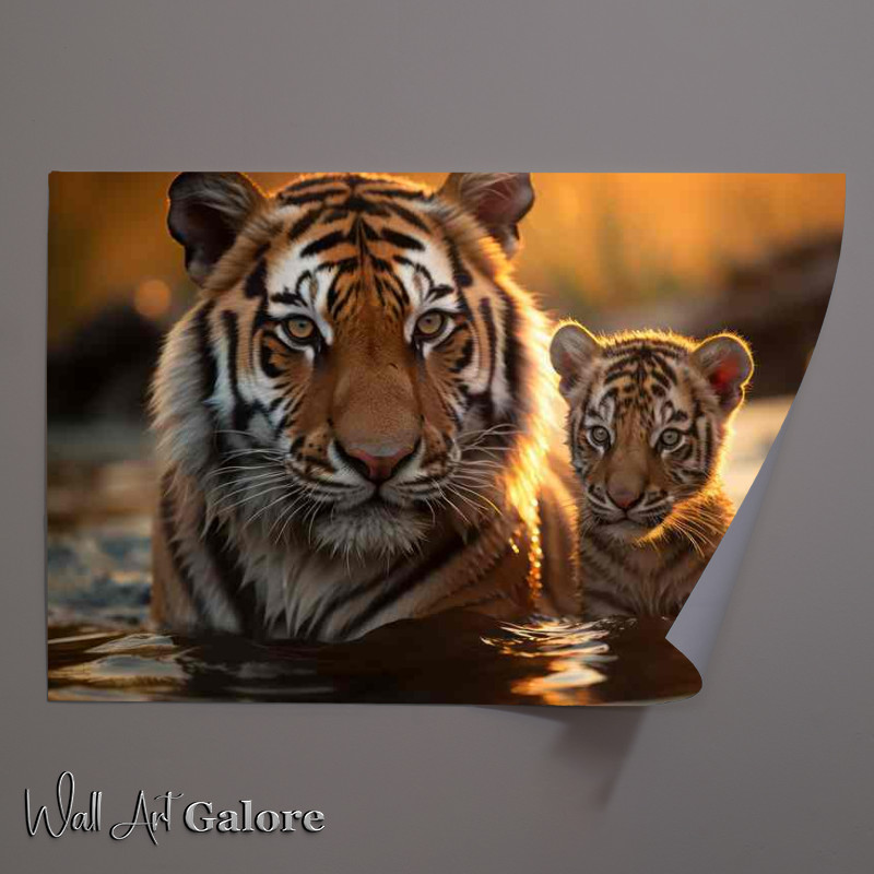 Buy Unframed Poster : (Tiger and cub in the water during the day time)
