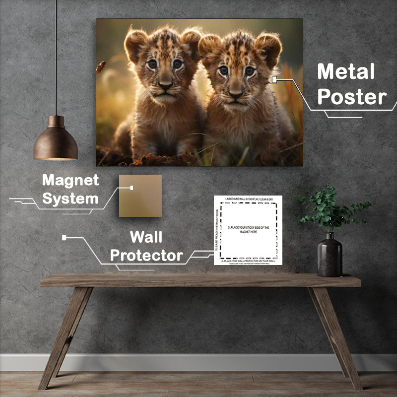Buy Metal Poster : (Two cubs of lions standing on the grass)