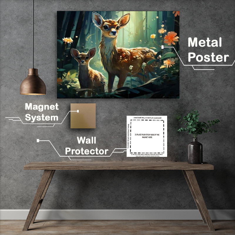 Buy Metal Poster : (fawns and a deer In the magical woodlands)