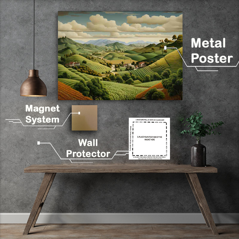 Buy Metal Poster : (A View of the farm in the vally with green hils)