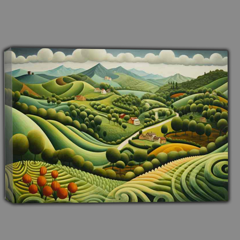 Buy Canvas : (Lush Green Farm lands nestled inbetween the rolling hils)