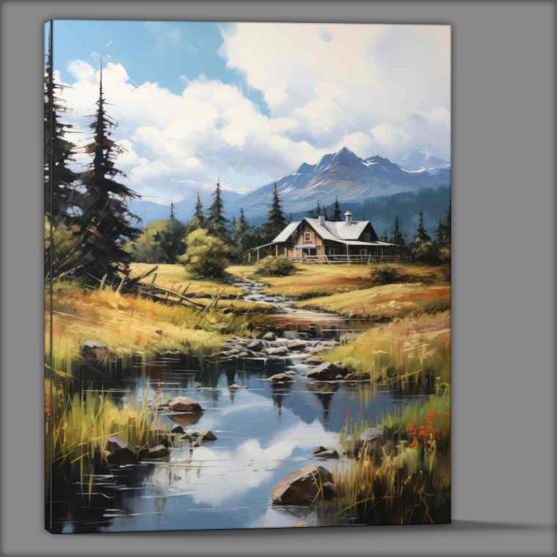Buy Canvas : (Log Cabin and tall grasses mountains and trees are reflected)