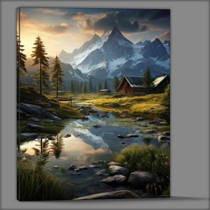 Buy Canvas : (Log Cabin by the snowy mountains with morning mist)
