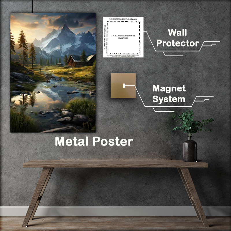 Buy Metal Poster : (Log Cabin by the snowy mountains with morning mist)