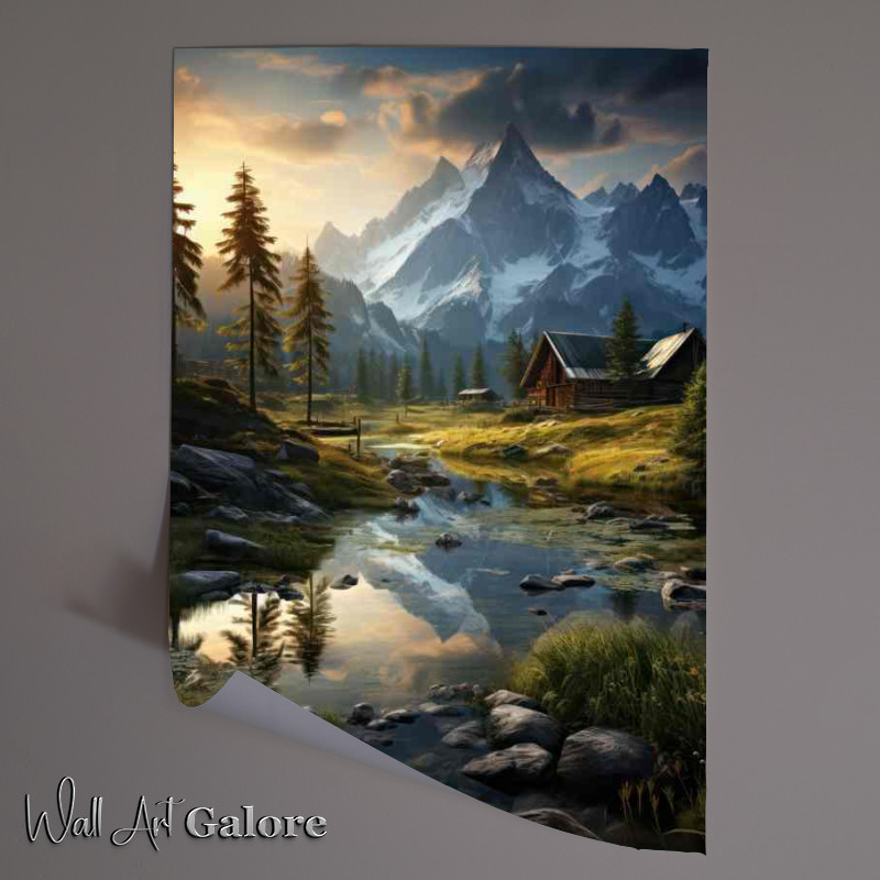 Buy Unframed Poster : (Log Cabin by the snowy mountains with morning mist)