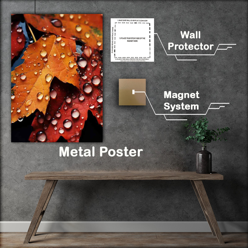 Buy Metal Poster : (Rain Drops on the autumn leaves)
