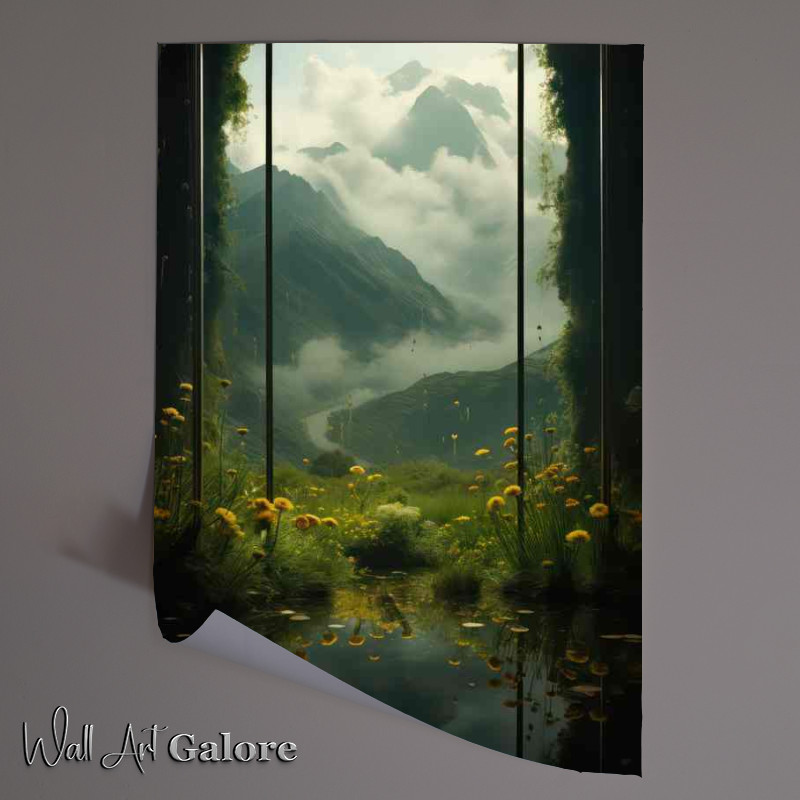 Buy Unframed Poster : (Tall grasses mountains and trees are reflected in a pond)