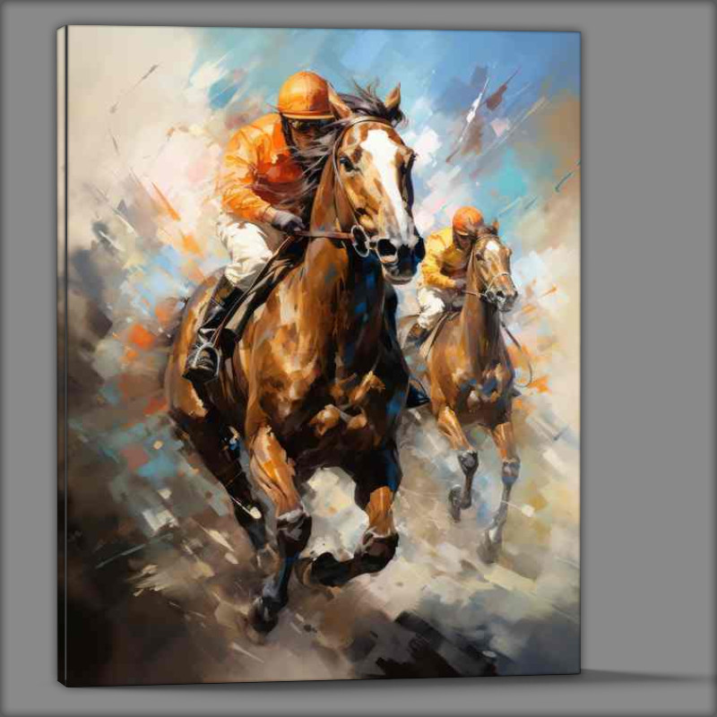 Buy Canvas : (Horses racing in a race track painted art style)