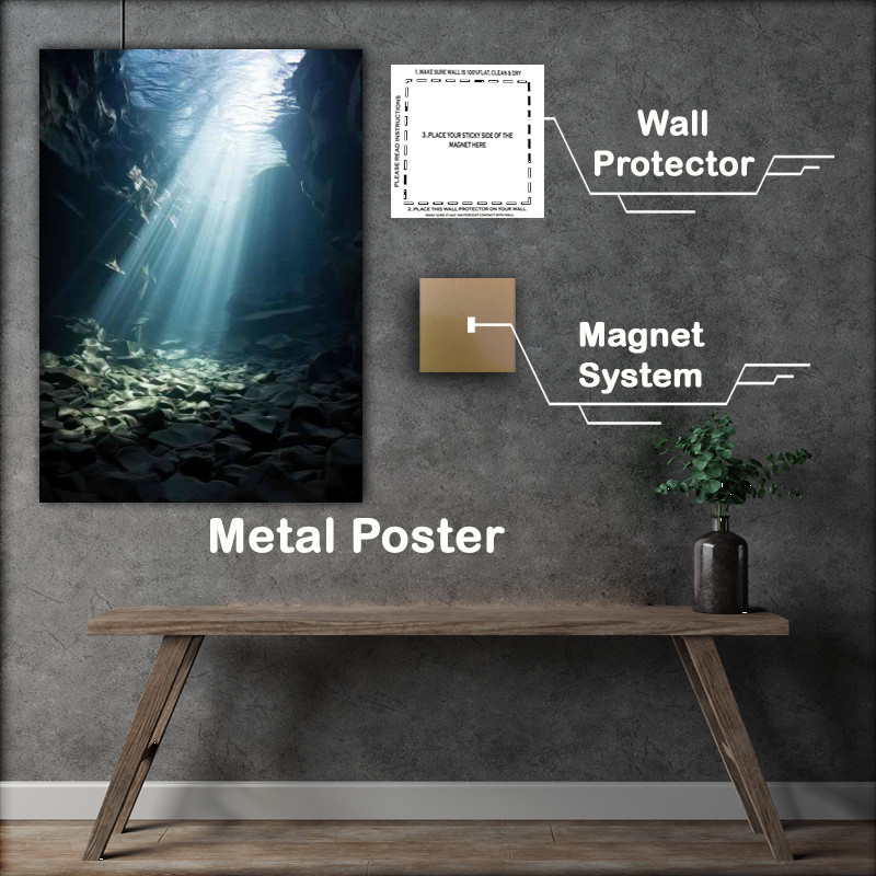 Buy Metal Poster : (The ocean floor in a cavern is illuminated by light)