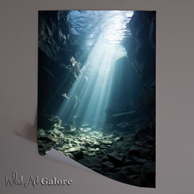Buy Unframed Poster : (The ocean floor in a cavern is illuminated by light)