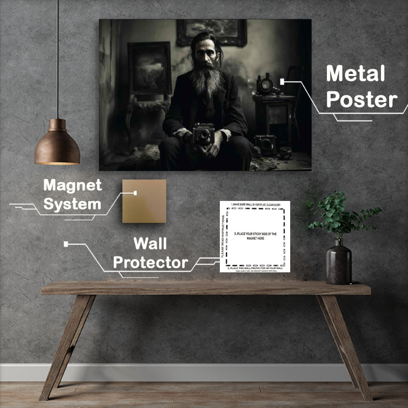Buy Metal Poster : (Cameraman Holding His New Camera)