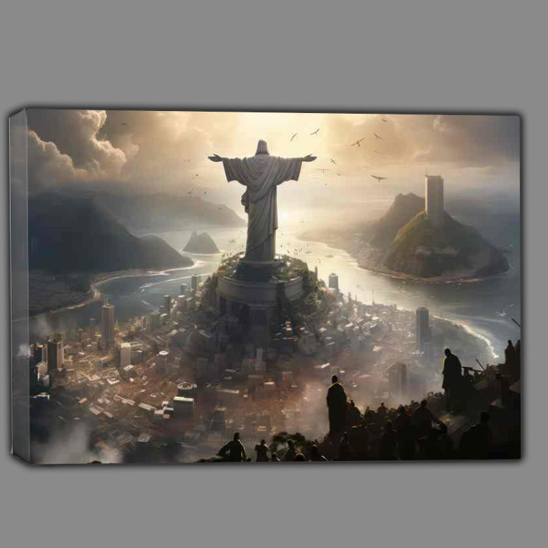 Buy Canvas : (Christ the redeemer statue with the sun abour to rise)