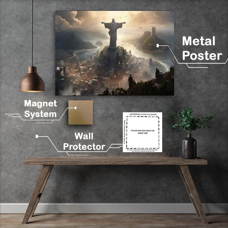 Buy Metal Poster : (Christ the redeemer statue with the sun abour to rise)