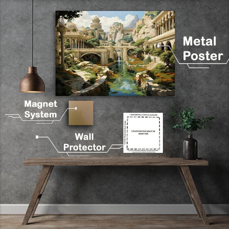 Buy Metal Poster : (Engraving Of Old Temples Gardens And Water)