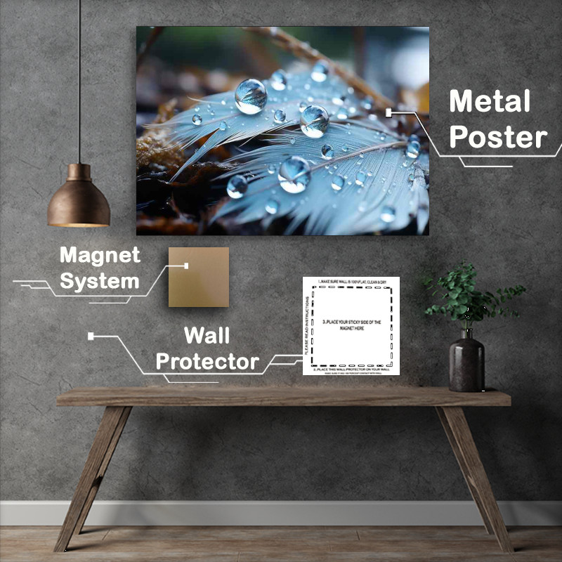 Buy Metal Poster : (Feathers and waterdroplets covering the ground)