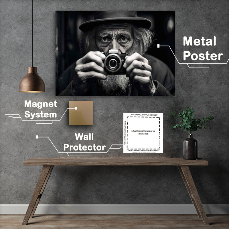 Buy Metal Poster : (Old Man Taking A Black And White Photo)