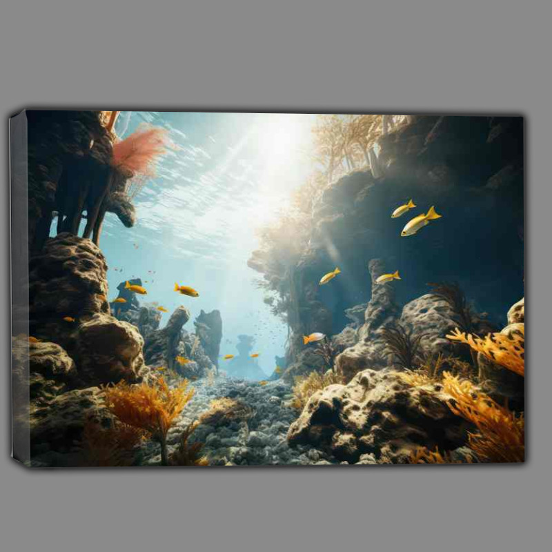 Buy Canvas : (The Great oral reefs surrounded by fish in the daytime sun)