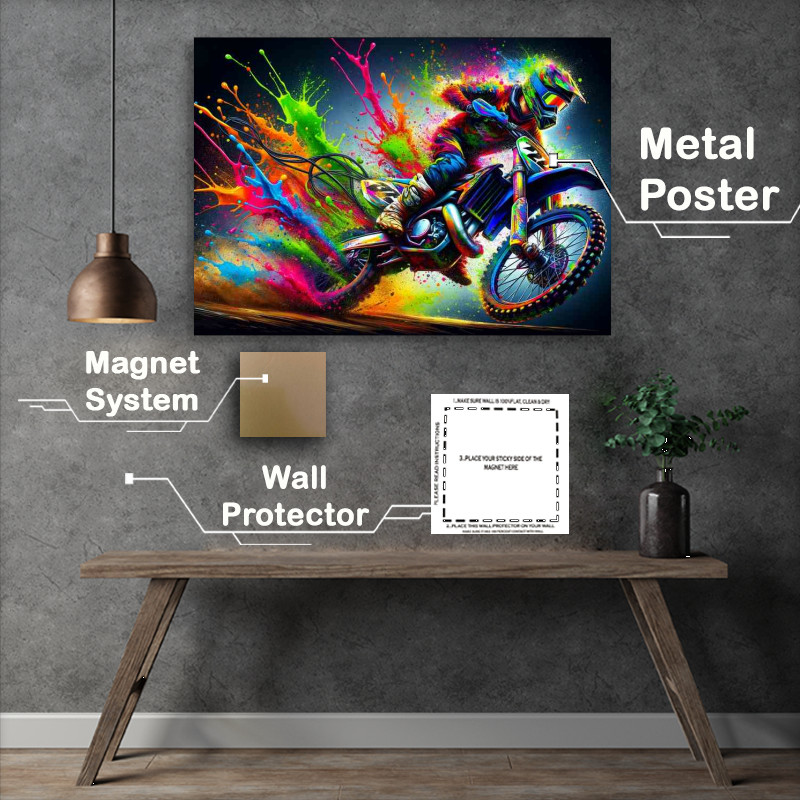 Buy Metal Poster : (Motocross Stunt Vivid Splash Colors an action packed)