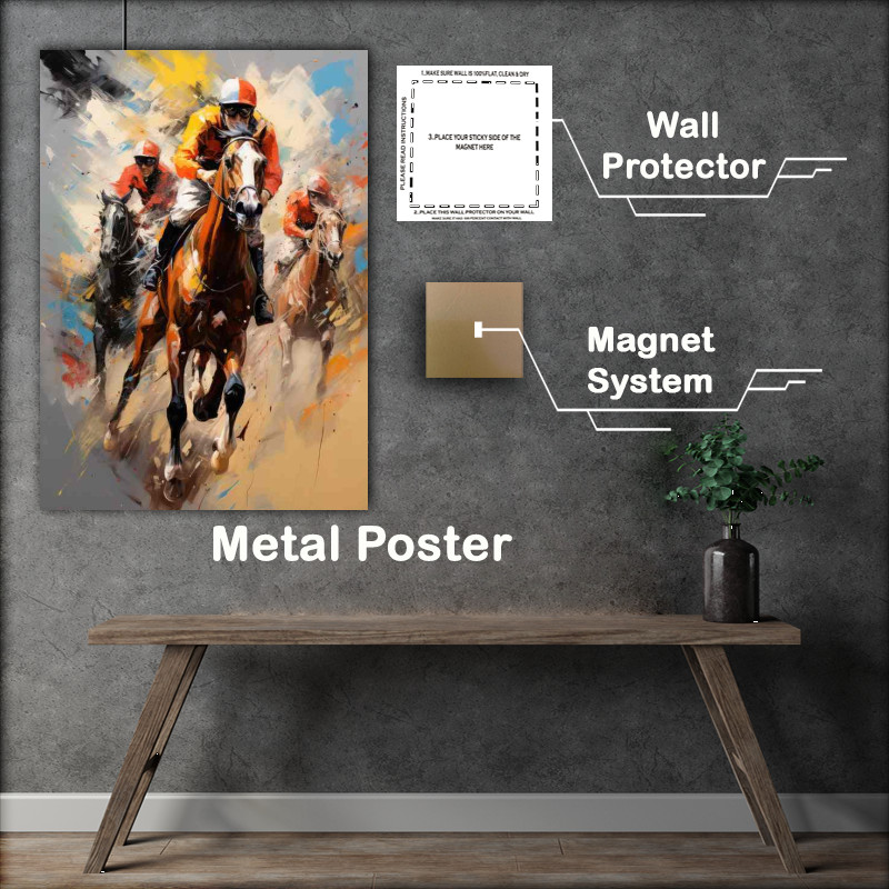 Buy Metal Poster : (Jockeys on horses of race track winning painted style)