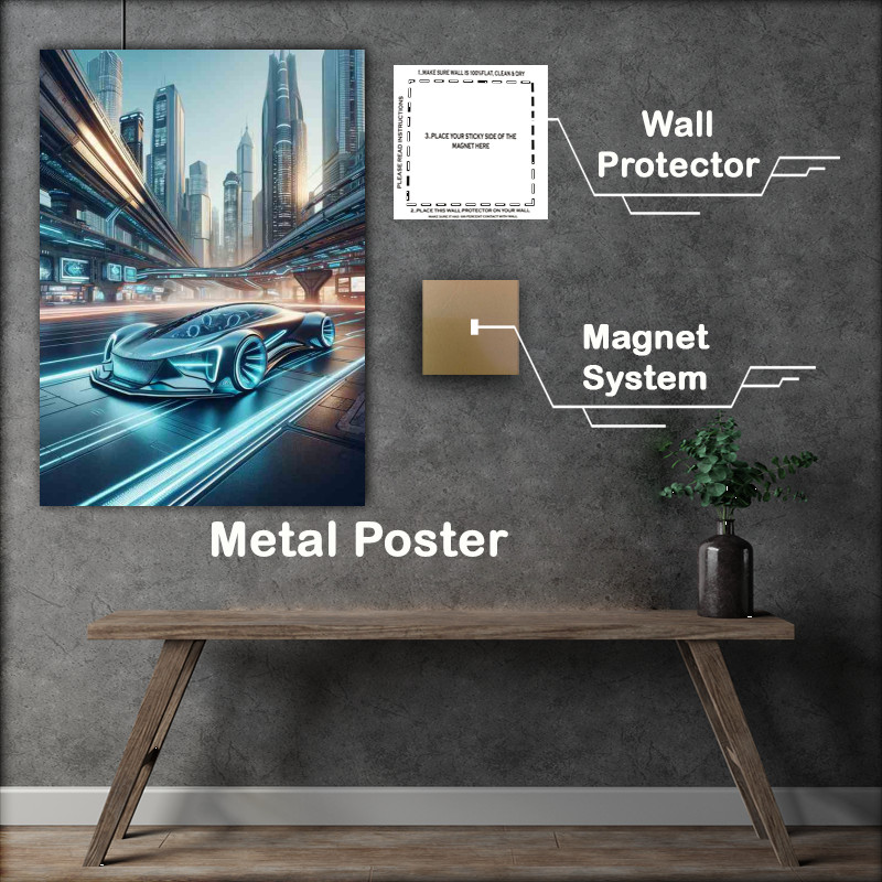 Buy Metal Poster : (Futuristic Concept Car in an Urban Sci Fi Setting)