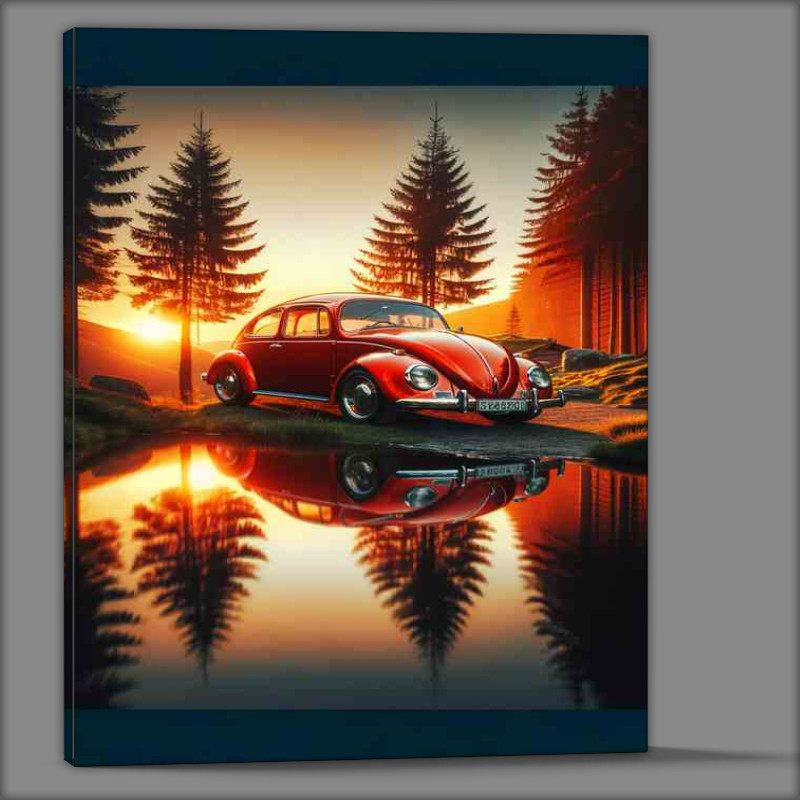 Buy Canvas : (Iconic Red Beetle Car Sunset Reflection)