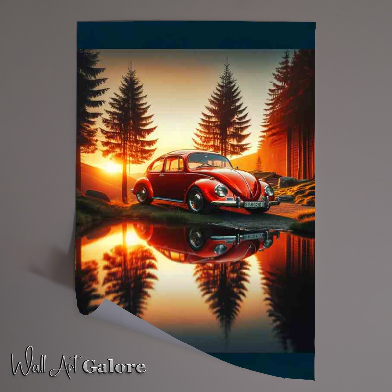 Buy Unframed Poster : (Iconic Red Beetle Car Sunset Reflection)