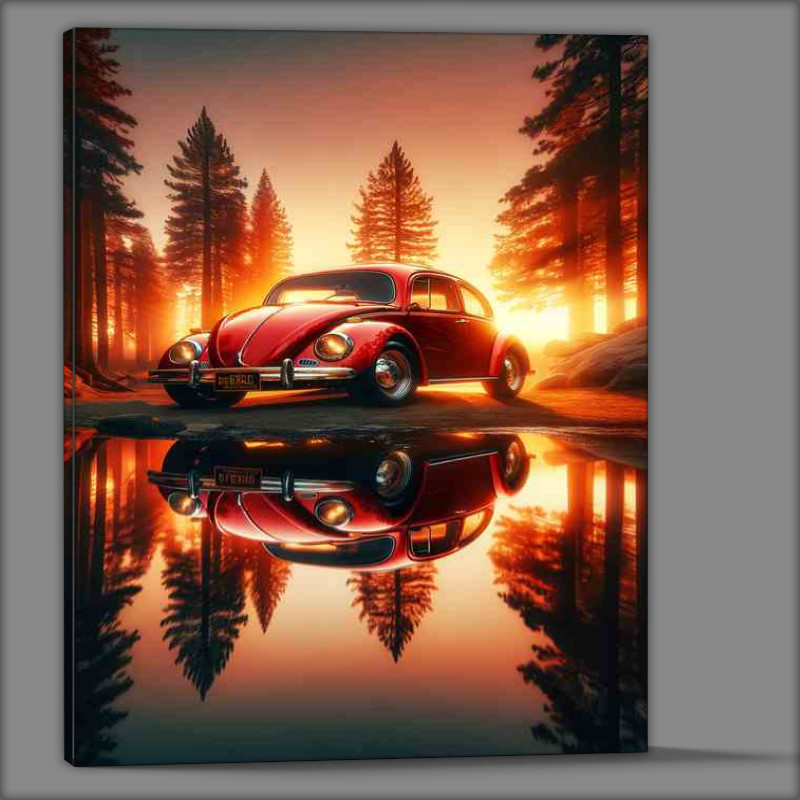Buy Canvas : (Red Beetle Car Sunset Reflection)
