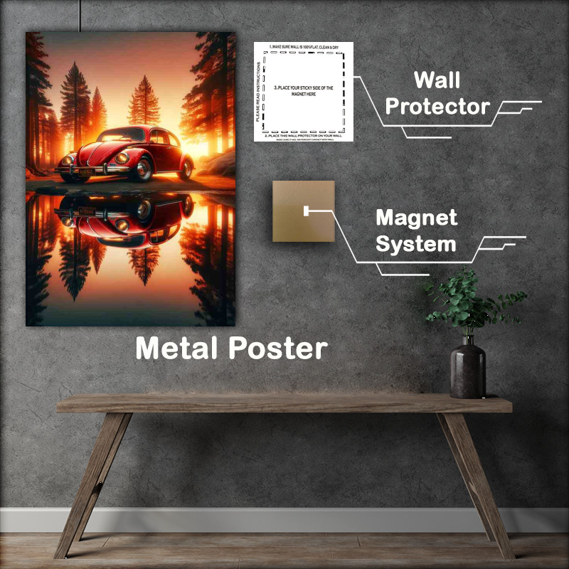 Buy Metal Poster : (Red Beetle Car Sunset Reflection)